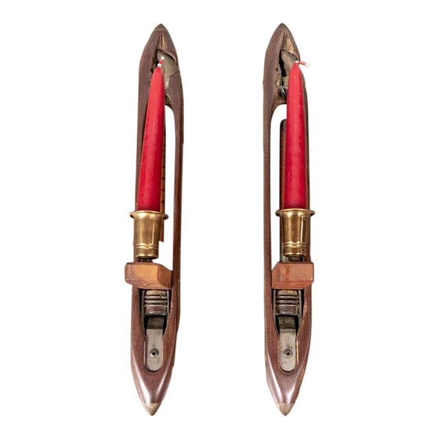Vintage Wooden Weaving Loom Boat Shuttles Repurposed as Candlesticks—A Pair For Sale