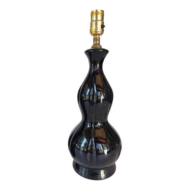 1960's Mid-Century Modern Glossy Black Ceramic Gold Spatter Table Lamp 16.25" For Sale