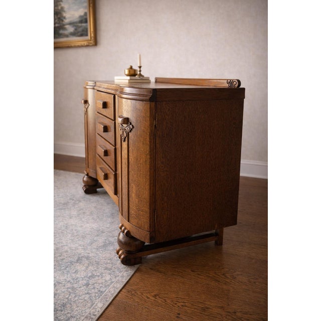 Antique Solid Oak Sideboard Cabinet With Carved Gallery Rail & Original Wood Pulls For Sale - Image 4 of 12