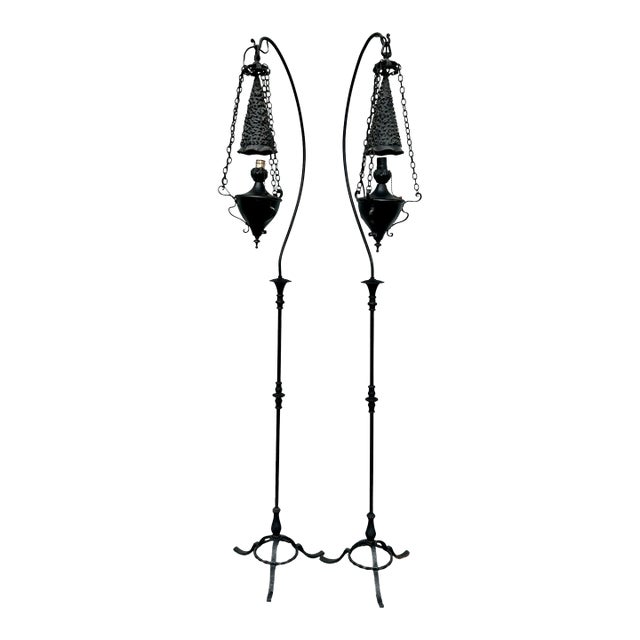 Set of Two Early 20th Century Spanish Revival Metal Floor Lamps For Sale