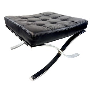 Vintage Barcelona Style Ottoman in the Manner of Mies Van Der Rohe – Black Leather & Chrome For Sale