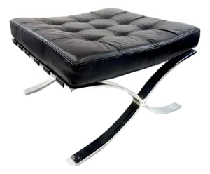 Vintage Barcelona Style Ottoman in the Manner of Mies Van Der Rohe – Black Leather & Chrome