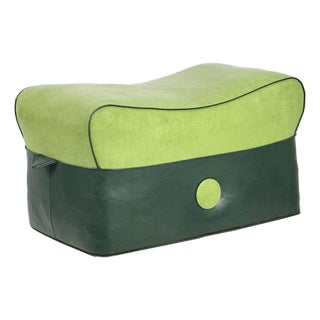 Vintage 1960s Mid-Century Two-Tone Green Naugahyde Saddle Shaped Pouf With Oversized Button Detail - Contoured Ottoman Foot Stool For Sale