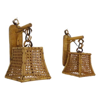 Lantern Wall Lights in Rattan and Canework, 1950s, Set of 2 For Sale