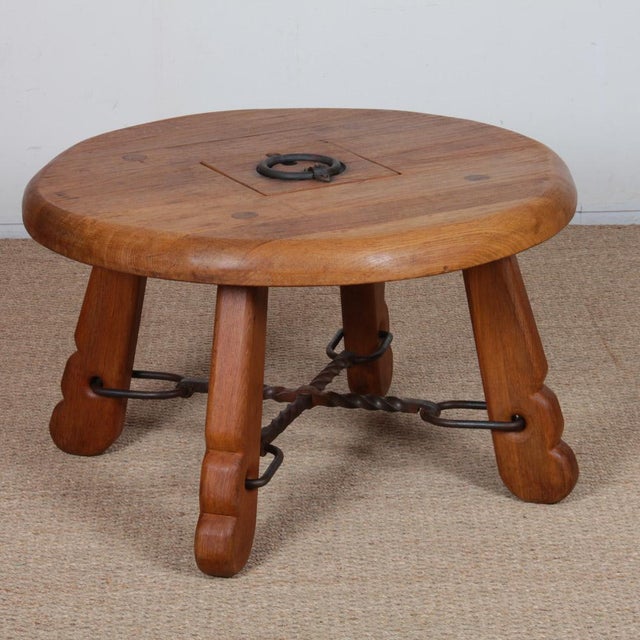 Round Coffee Table in Oak and Wrought Iron, 1950 For Sale - Image 10 of 10