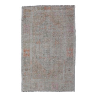 Turkish Muted Colored Oushak Rug Is Subdued Medallion Design For Sale