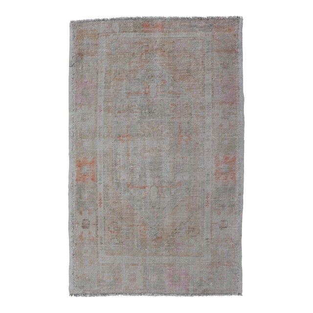 Turkish Muted Colored Oushak Rug Is Subdued Medallion Design For Sale