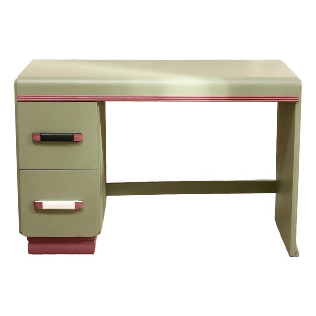 Vintage Mint Green Writing Desk With Wood-Tone Details For Sale