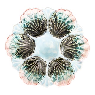 Antique French Fives Lille Majolica Turquoise Oyster Plate For Sale