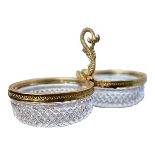 Vintage Crystal & Gold Ormolu Double Serving Dish / Compote For Sale