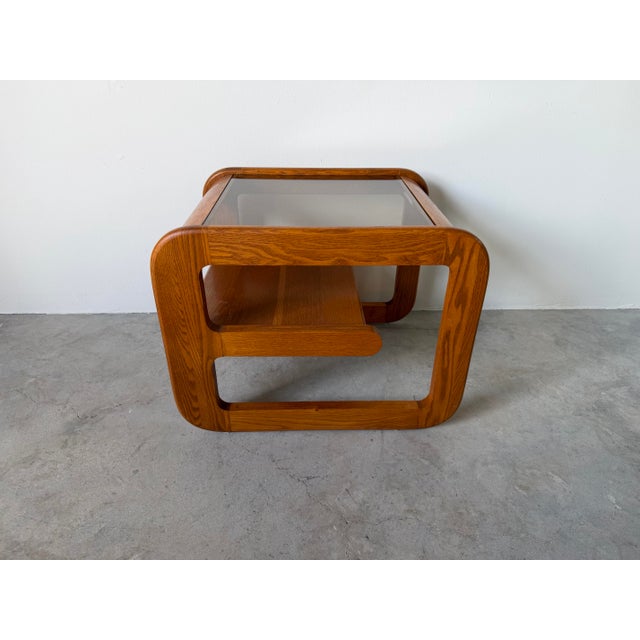 1970s Mid-Century Modern Lou Hodges Oak & Smoked Glass Top Side Table For Sale - Image 4 of 12