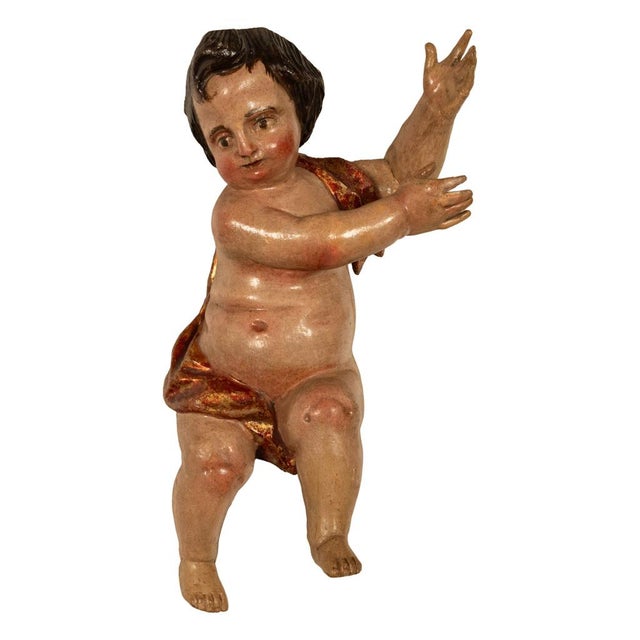Wood Pair Antique 18thC Italian Baroque Carved Polychrome Putti Angels Statues 1700 For Sale - Image 7 of 13