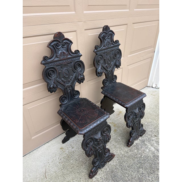 Mid 19th Century Pair of Italian Renaissance Revival Carved Walnut Hall Chairs For Sale - Image 5 of 14