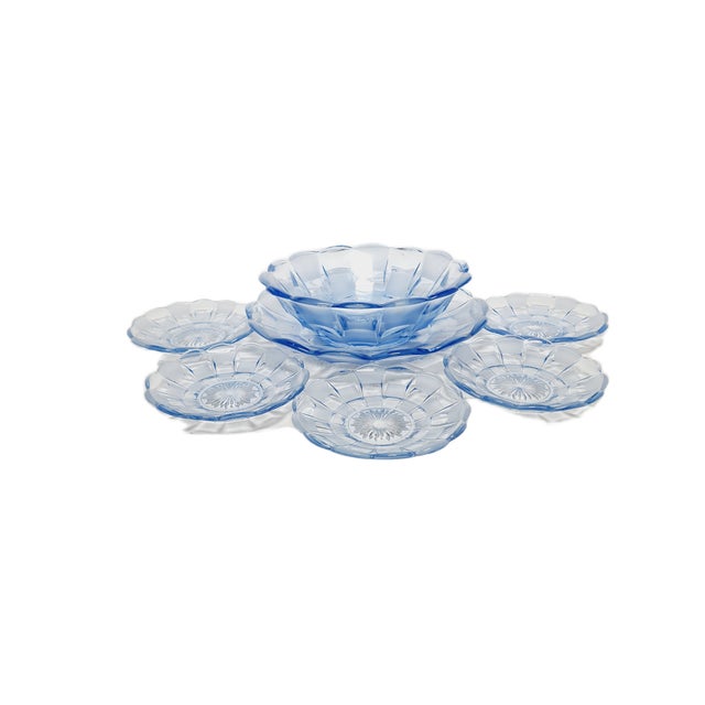 Mid-Century Modern Art Deco Azure Dessert Service from Niemen Glassworks, Poland, 1930s, Set of 7 For Sale - Image 3 of 5