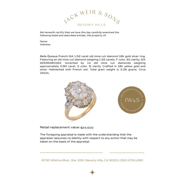 Gold 1910s Belle Époque French Gia 1.52 Carat Old Mine Cut Diamond 18k Gold Silver Ring, Size 3.5 For Sale - Image 8 of 8