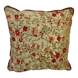 Square Pillow With a Red Embroidered Floral Pattern, Made in U K For Sale
