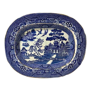 Antique Gold Rimmed Oval Blue Willow Side Dish/Platter by William Adams & Sons From England - C 1890