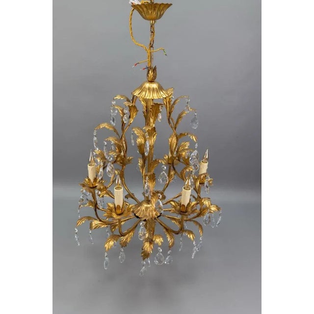 Hollywood Regency Style Gilt Metal and Crystal Glass Six-Light Chandelier, Italy For Sale - Image 15 of 18