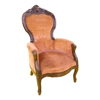 High-Back Wooden Chair with Pink Upholstery For Sale