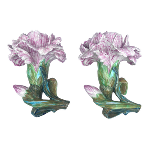 Pair of Majolica Carnations Wall Pocket Delphin Massier, Circa 1880