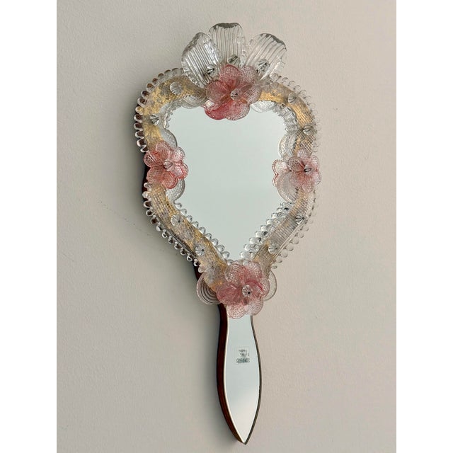 1980s 1980s Vetri Murano Art Glass Floral Hand Mirror-Form Wall Mirror For Sale - Image 5 of 12