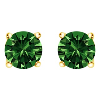 14K Yellow Gold 1.0 Cttw Lab Grown Green Diamond Classic Solitaire Stud Earrings For Sale