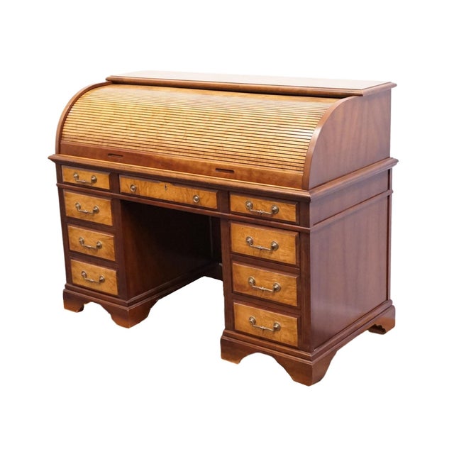 Traditional Jasper Cabinet Solid Mahogany & Elm Burl Traditional Regency Inspired 54" Roll Top Desk For Sale - Image 3 of 16