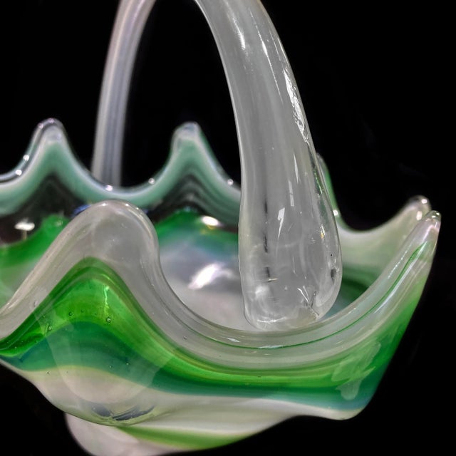Green Vintage Murano Green Blown Art Glass Centerpiece Cornucopia Bowl W/ Handle For Sale - Image 8 of 10