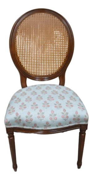 Louis XVI Style Cane Back Chair With Oval Back and Upholstered Seat