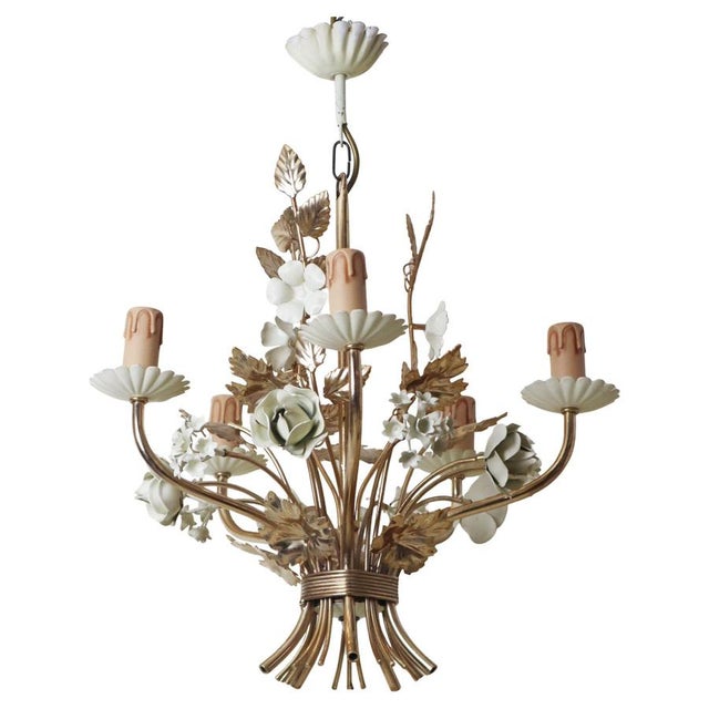 Hollywood Regency Gilded and Cream Rose and Bellflower Chandelier, Italy, 1960s For Sale - Image 16 of 16
