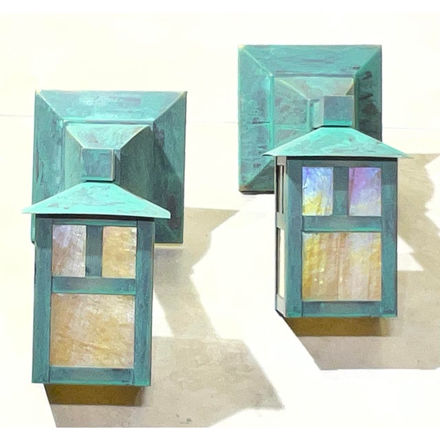Turquoise Vintage Style Arts & Crafts Mission Wall Lanterns / Sconces - a Pair For Sale - Image 8 of 11