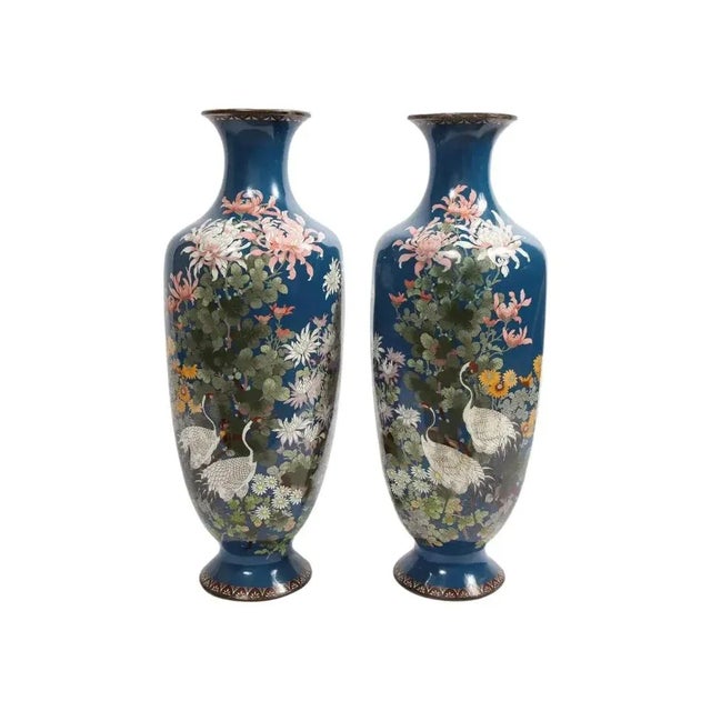 A large pair of Japanese Meiji Period Blue-Ground Cloisonne enamel vases, 19th century. Very nice quality, with cloisonne...