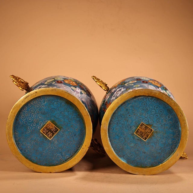 Monumental Chinese Cloisonné Vase | Gilt Bronze Dragon Handles & Dove Motif For Sale - Image 9 of 9