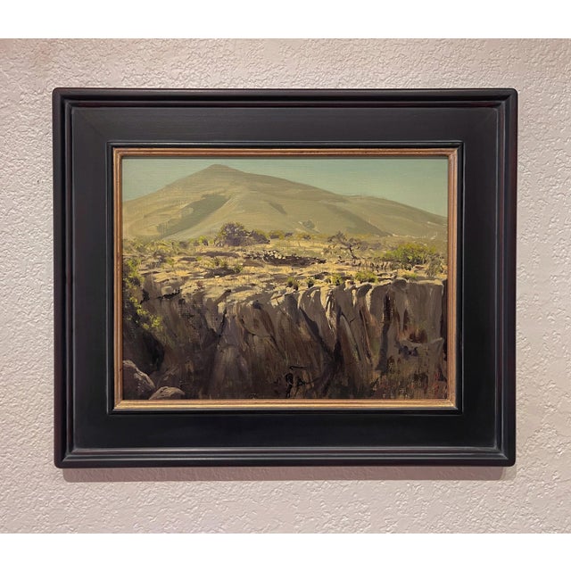Sabanilla, 2025 captures a serene landscape where rugged cliffs meet gentle hills under a soft sky. The artist employs a...