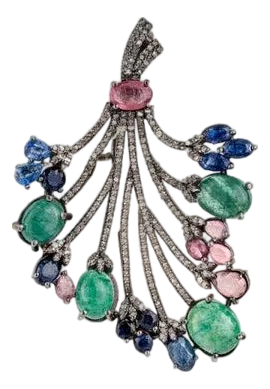 Floral Bouquet Emerald Sapphire Tourmaline Brooch Pendant in Diamonds- Gifts for Women