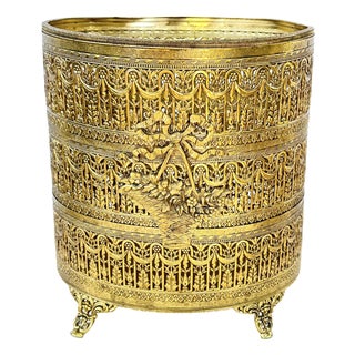 Vintage Hollywood Regency Gold Ormolu Filigree Pierced Waste Basket With Claw Feet For Sale