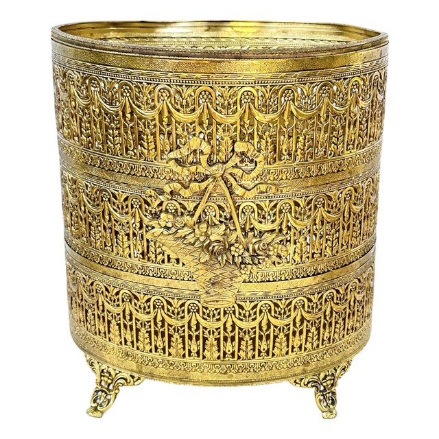 Vintage Hollywood Regency Gold Ormolu Filigree Pierced Waste Basket With Claw Feet For Sale