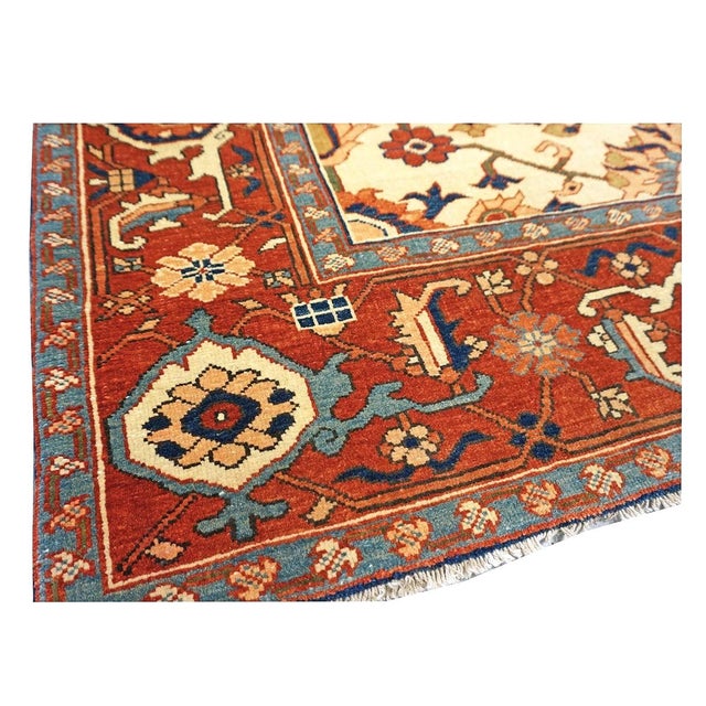 Persian Serapi 7x11 Ivory, Rust, & Blue Recreation Handmade Area Rug #1141228 For Sale - Image 10 of 11