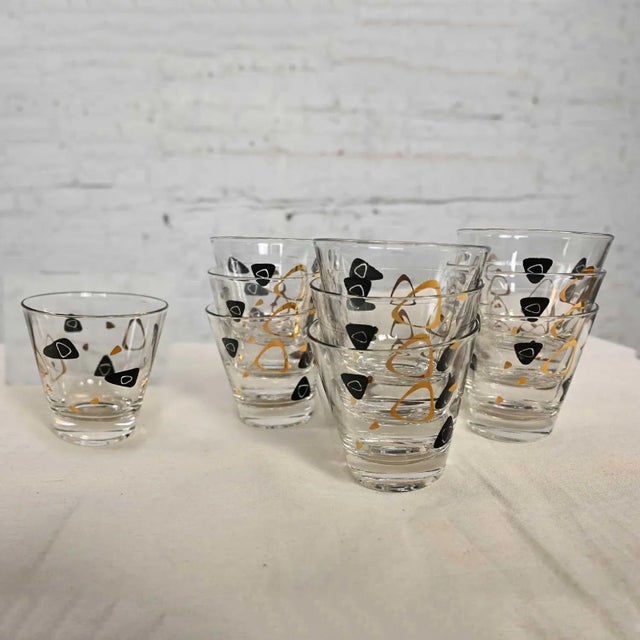 1950’s MCM Federal Glass Fantasy Black & 22 Karat Gold Manhattan Glasses Set of 10 For Sale - Image 13 of 13