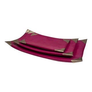 Set of 3 Vintage Moroccan Fuchsia Tadelakt Pottery Plates With Metal Corners For Sale