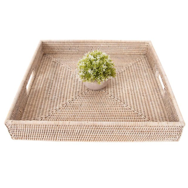 Artifacts Rattan Square Serving Tray with Cutout Handles in White Wash - 16" For Sale In Houston - Image 6 of 8