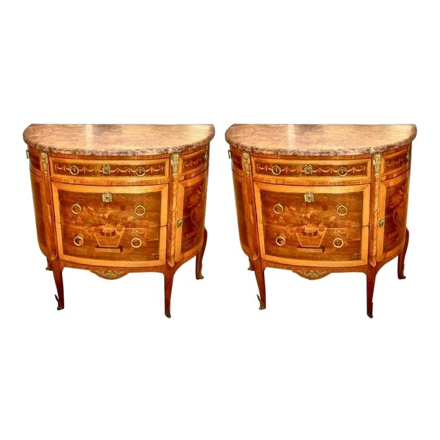 Louis XVI Style Marble Top Marquetry Inlaid Commodes - a Pair For Sale