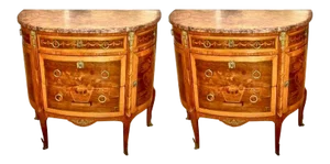 Louis XVI Style Marble Top Marquetry Inlaid Commodes - a Pair
