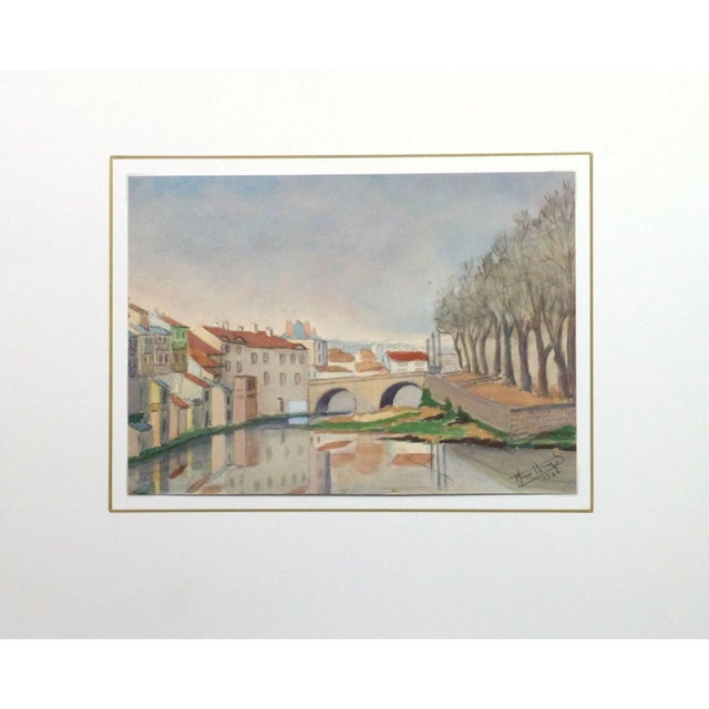 Vintage French Watercolor Landscape - Pont Du Buis Bridge (Aurillac, France) For Sale - Image 4 of 5