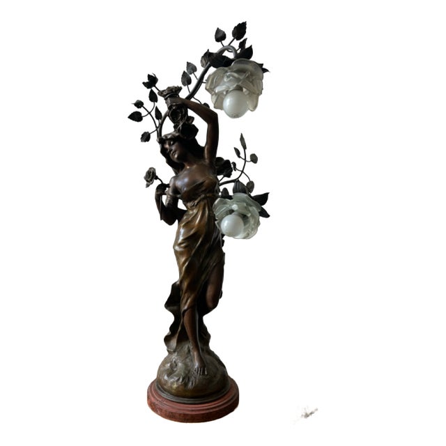 Zinc and Glass Lamp with Nymph from Julien Caussé, 1900s For Sale