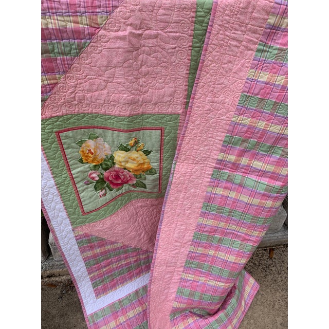 1990s Vintage 1990’s Floral Patchwork Quilt Pink Green Yellow Roses Reversible to Pink Multi Seersucker Motifs 68” X 53” Twin For Sale - Image 5 of 12