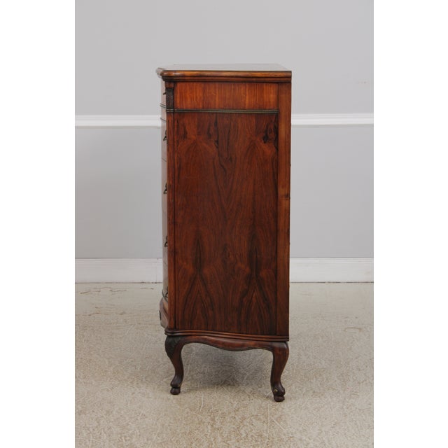 French Vintage French Style Bow Front 5 Drawer Inlaid Walnut Chest For Sale - Image 3 of 18