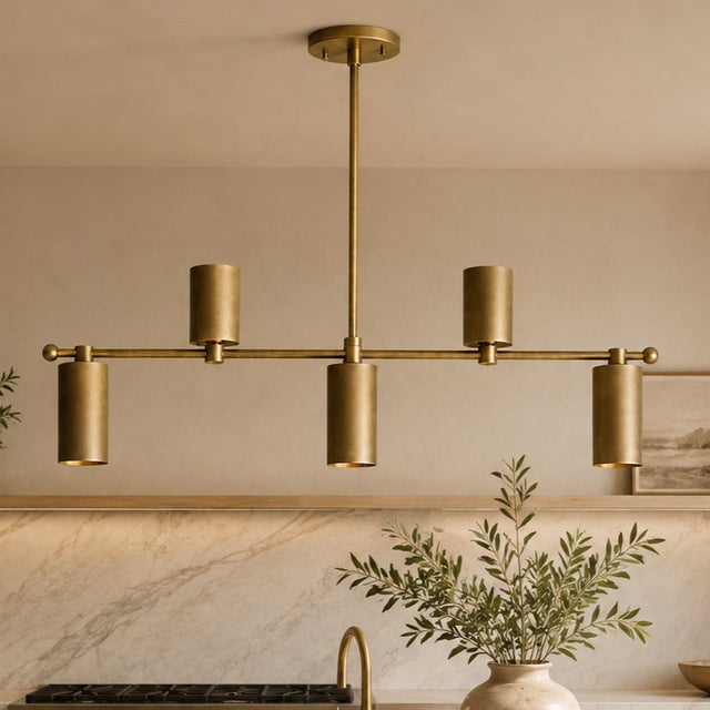 Handcrafted Solid Brass Linear 5 Light Chandelier, Industrial Brass Chandelier, Ceiling Light Fixture, Dining Room Lighting For Sale - Image 6 of 10