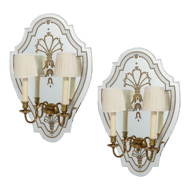Pair French Eglomise Mirrored Wall Sconces,1950 France. For Sale