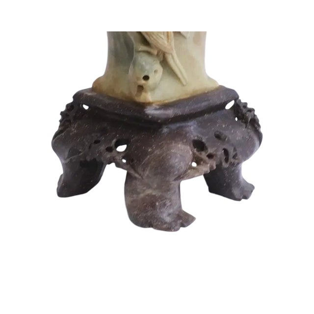 Mid 20th Century Large Chinese Hand-Carved Soapstone Vase With Floral, Butterfly & Bird Relief on Stand, 11.7"h For Sale - Image 4 of 10